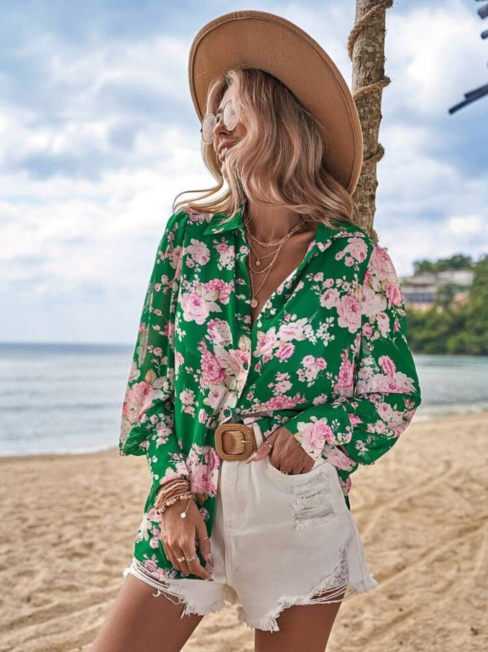 NWT Shein VCAY Floral Button Front Long Puff Sleeve Green Pink Blouse Size Small